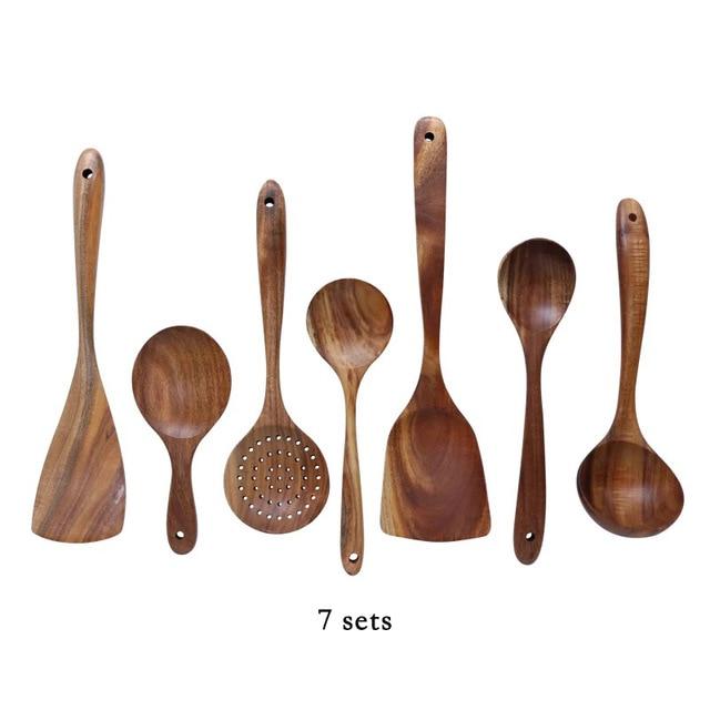 7 PCS Thailand Teak Natural Wood Tableware Spoon Kitchen Tool Set